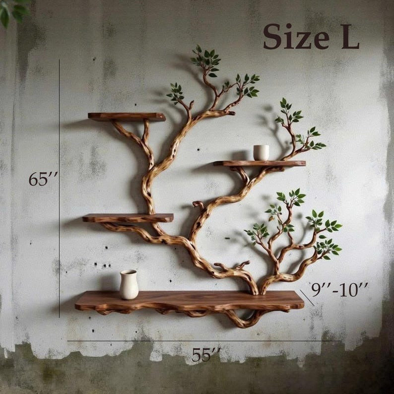 Solid Wood Floating Bookshelf Handmade Live Edge Branch Shelving