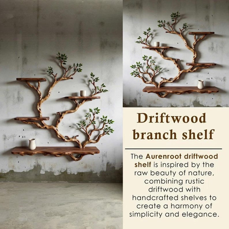 Solid Wood Floating Bookshelf Handmade Live Edge Branch Shelving